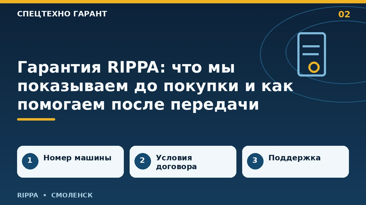 Инфографика: гарантия rippa: что мы показываем до покупки и как помогаем после передачи; номер машины, условия договора, поддержка