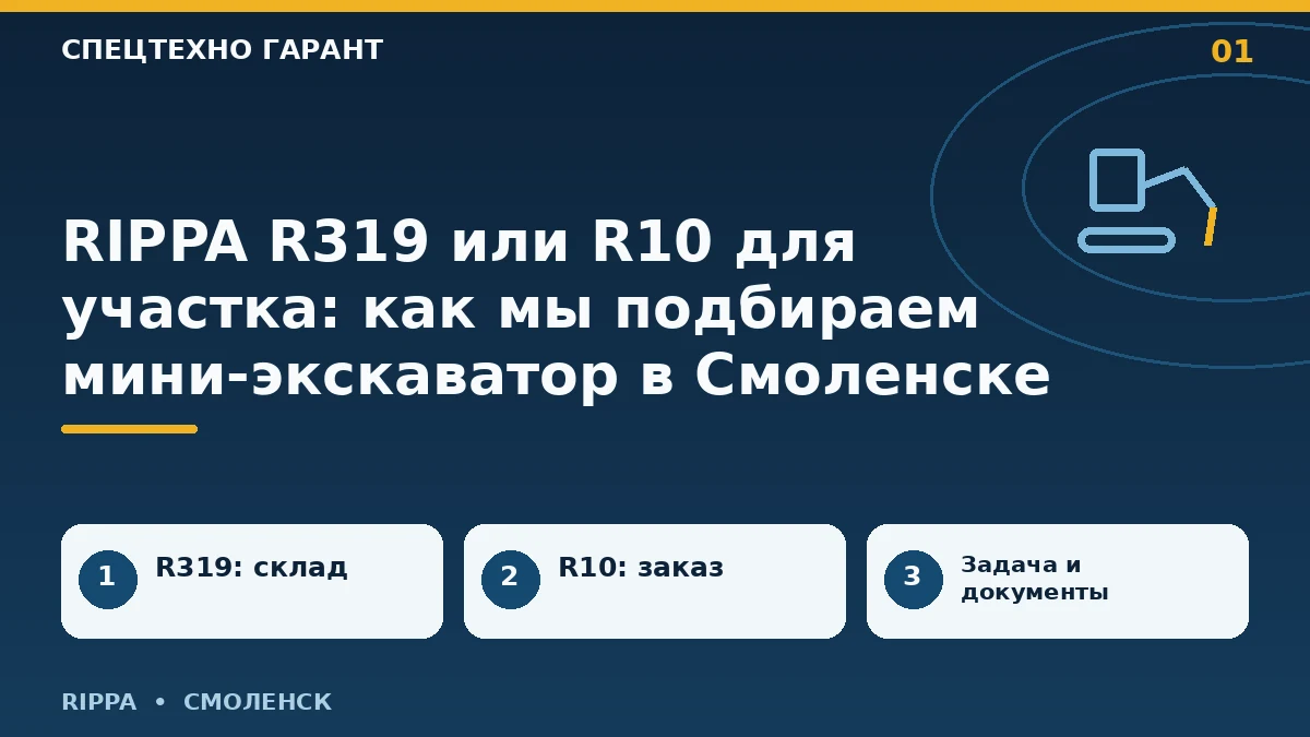 Инфографика: rippa r319 или r10 для участка: как мы подбираем мини-экскаватор в смоленске; r319: склад, r10: заказ, задача и документы